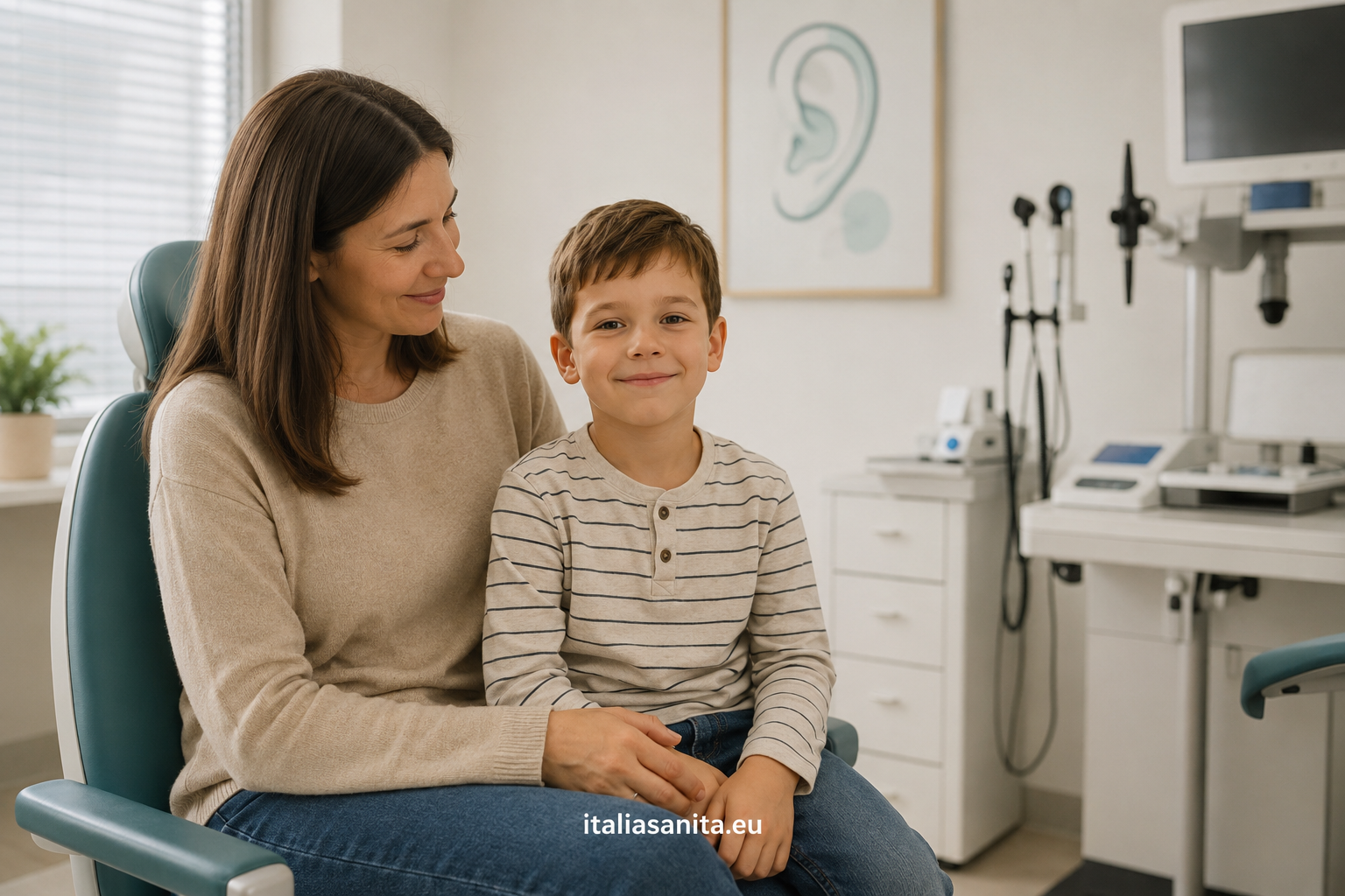 Bambino sorridente con la madre in una scena ambulatoriale illustrativa