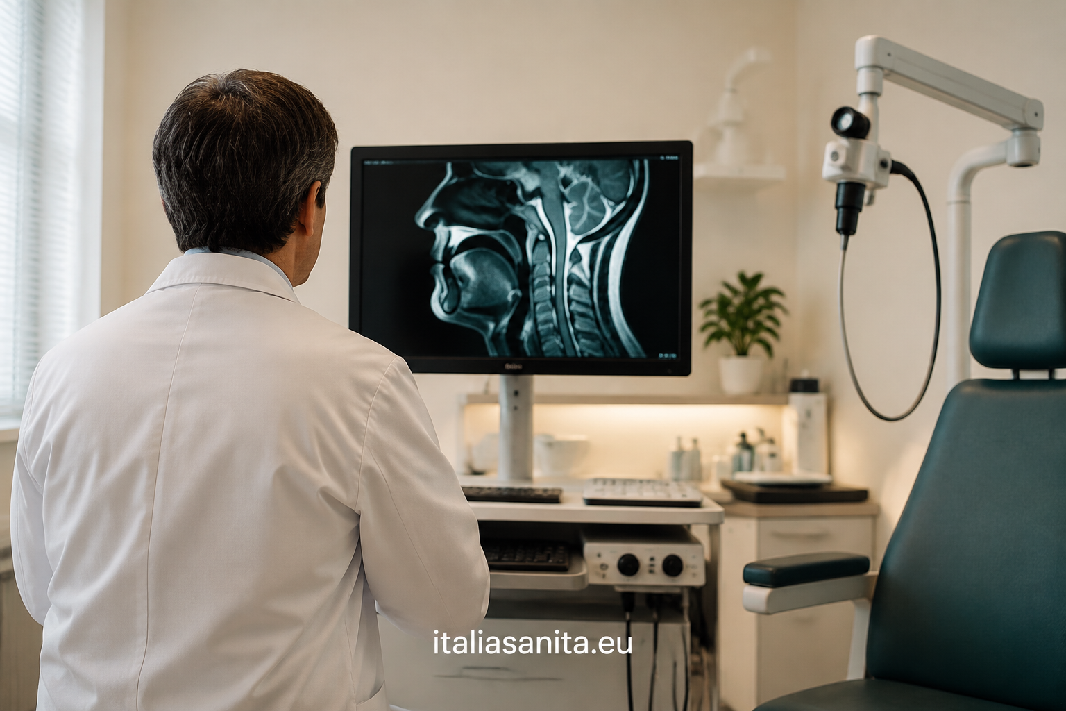 Scena professionale illustrativa: medico ripreso di spalle, non ritratto del Dott. Giuseppe Porro